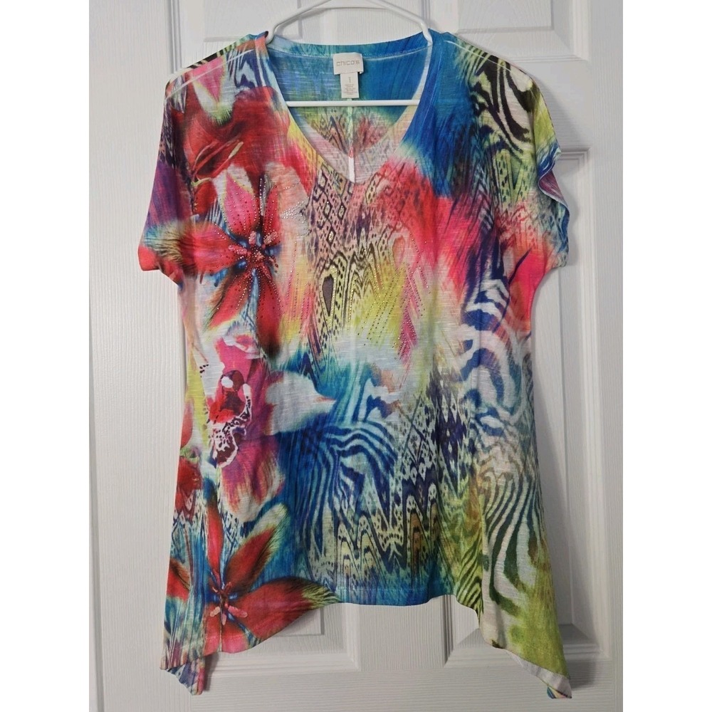 Chico's Womans Short Sleeve Blouse Size 1 (M) Florial Design